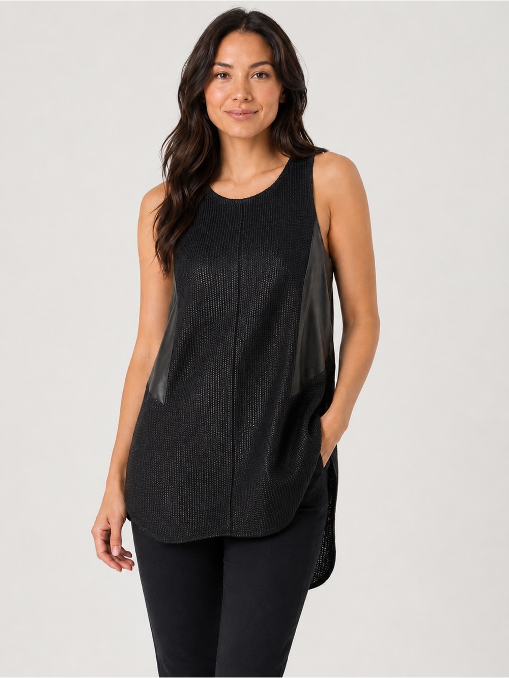 Rag & Bone Black Lamb Leather Trim Scoop Neck Sleeveless Tank Tunic Top Sz Small